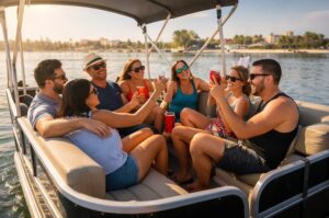 Group enjoying pontoon boat rental in Mission Bay San Diego