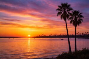 mission bay san diego sunset over calm water with colorful sky