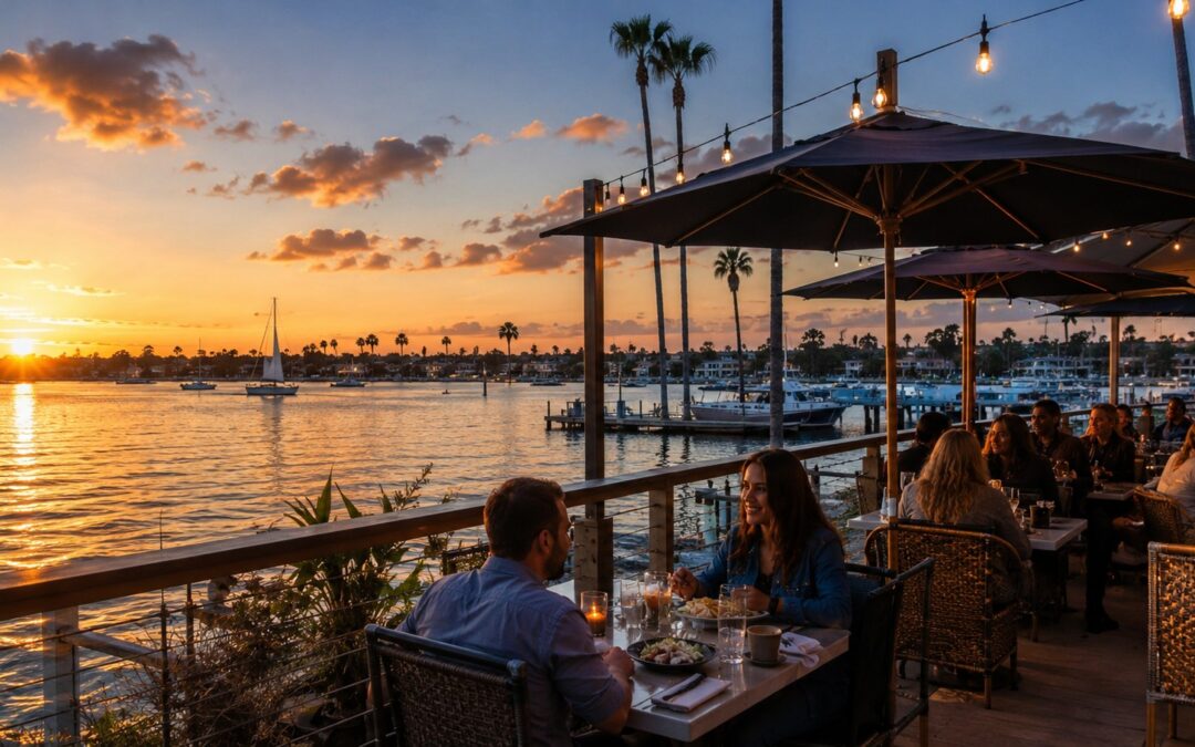 Couples dining outdoors at mission bay waterfront restaurants during sunset in San Diego